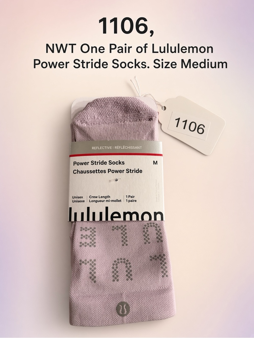 1106, Authentic lululemon Power Stride Crew Socks - Light Lavender. Medium Size